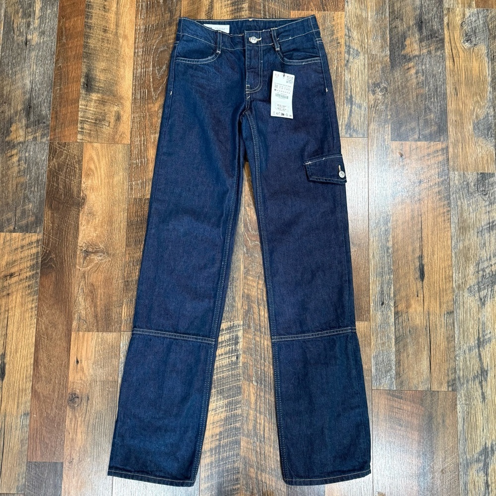 NWT Zara Straight Leg Cargo Pocket Dark Wash Jeans